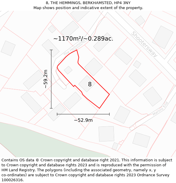 8, THE HEMMINGS, BERKHAMSTED, HP4 3NY: Plot and title map