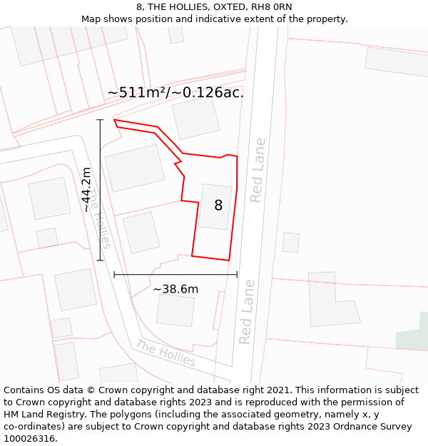 8, THE HOLLIES, OXTED, RH8 0RN: Plot and title map