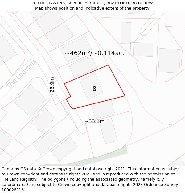 8, THE LEAVENS, APPERLEY BRIDGE, BRADFORD, BD10 0UW: Plot and title map