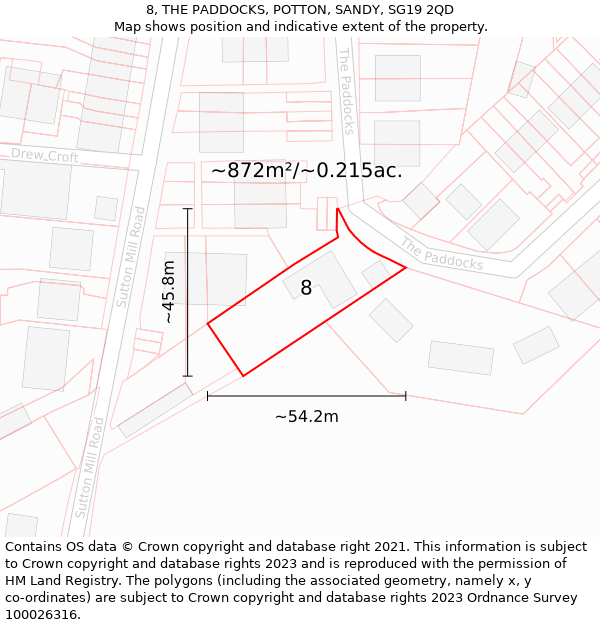 8, THE PADDOCKS, POTTON, SANDY, SG19 2QD: Plot and title map