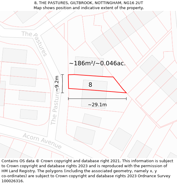 8, THE PASTURES, GILTBROOK, NOTTINGHAM, NG16 2UT: Plot and title map