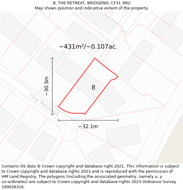 8, THE RETREAT, BRIDGEND, CF31 3NU: Plot and title map