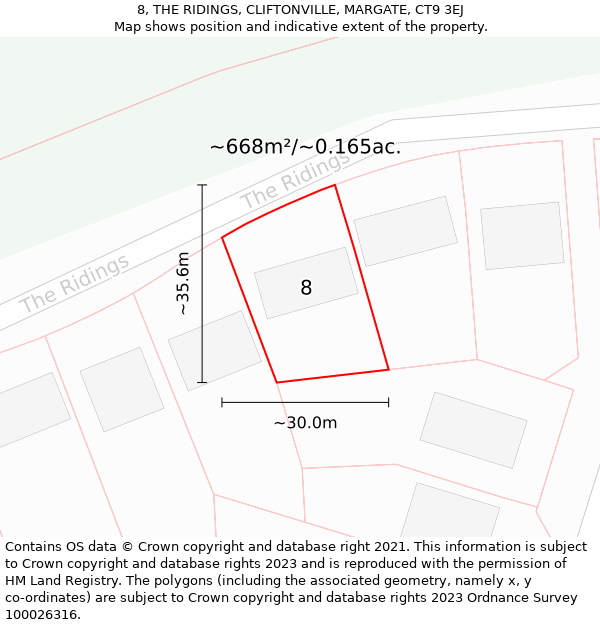 8, THE RIDINGS, CLIFTONVILLE, MARGATE, CT9 3EJ: Plot and title map