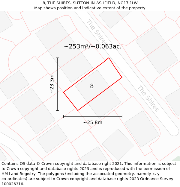 8, THE SHIRES, SUTTON-IN-ASHFIELD, NG17 1LW: Plot and title map