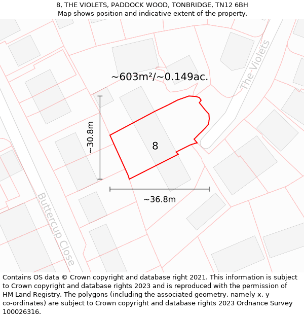 8, THE VIOLETS, PADDOCK WOOD, TONBRIDGE, TN12 6BH: Plot and title map