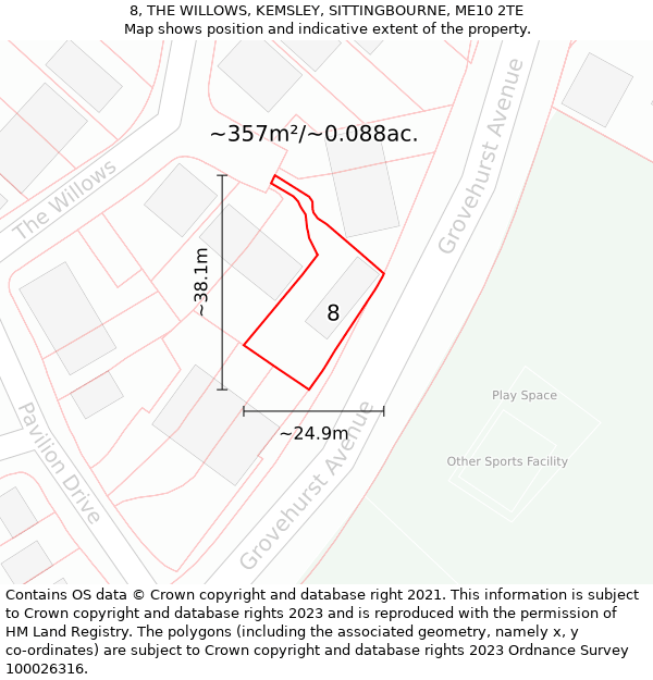 8, THE WILLOWS, KEMSLEY, SITTINGBOURNE, ME10 2TE: Plot and title map