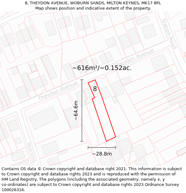 8, THEYDON AVENUE, WOBURN SANDS, MILTON KEYNES, MK17 8PL: Plot and title map