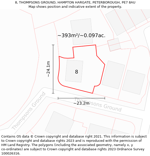 8, THOMPSONS GROUND, HAMPTON HARGATE, PETERBOROUGH, PE7 8AU: Plot and title map