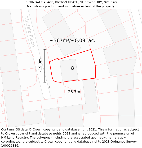 8, TINDALE PLACE, BICTON HEATH, SHREWSBURY, SY3 5PQ: Plot and title map
