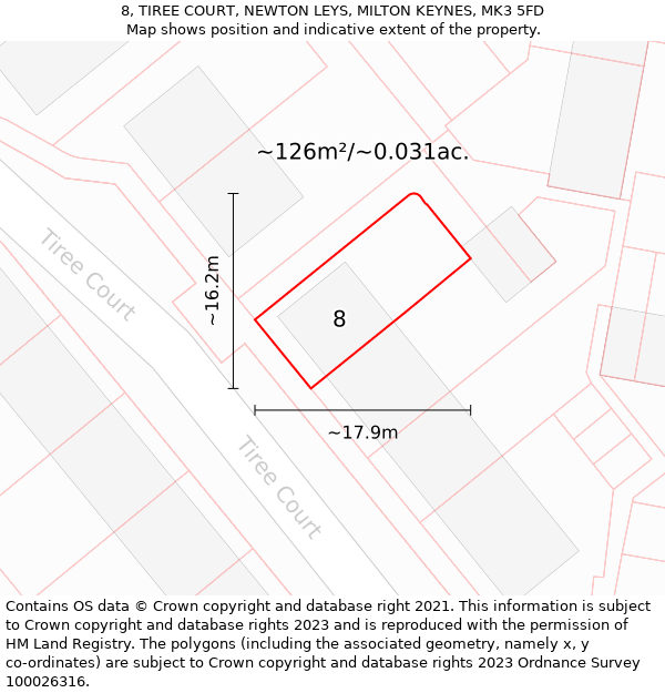 8, TIREE COURT, NEWTON LEYS, MILTON KEYNES, MK3 5FD: Plot and title map