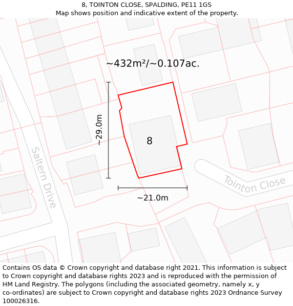 8, TOINTON CLOSE, SPALDING, PE11 1GS: Plot and title map