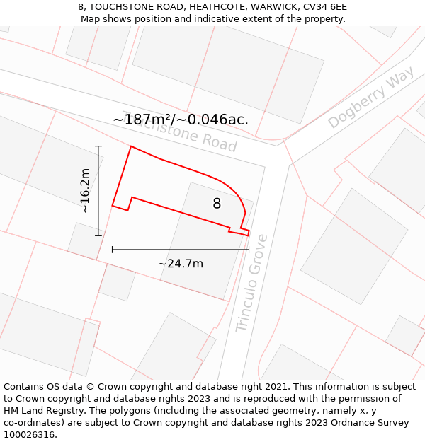 8, TOUCHSTONE ROAD, HEATHCOTE, WARWICK, CV34 6EE: Plot and title map