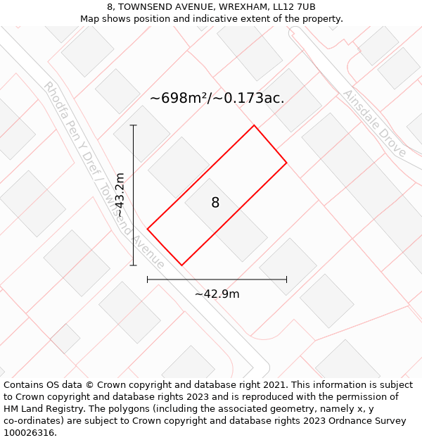 8, TOWNSEND AVENUE, WREXHAM, LL12 7UB: Plot and title map