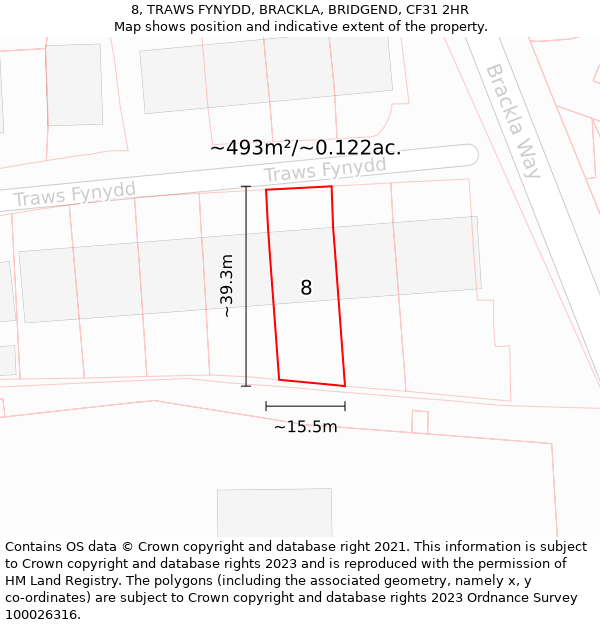 8, TRAWS FYNYDD, BRACKLA, BRIDGEND, CF31 2HR: Plot and title map