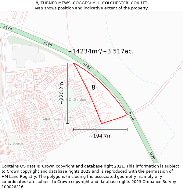 8, TURNER MEWS, COGGESHALL, COLCHESTER, CO6 1FT: Plot and title map