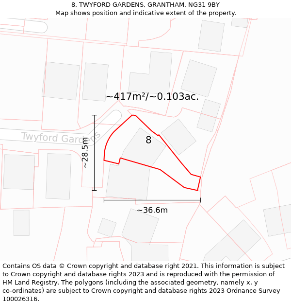 8, TWYFORD GARDENS, GRANTHAM, NG31 9BY: Plot and title map