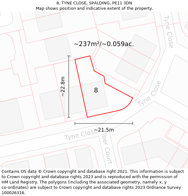 8, TYNE CLOSE, SPALDING, PE11 3DN: Plot and title map