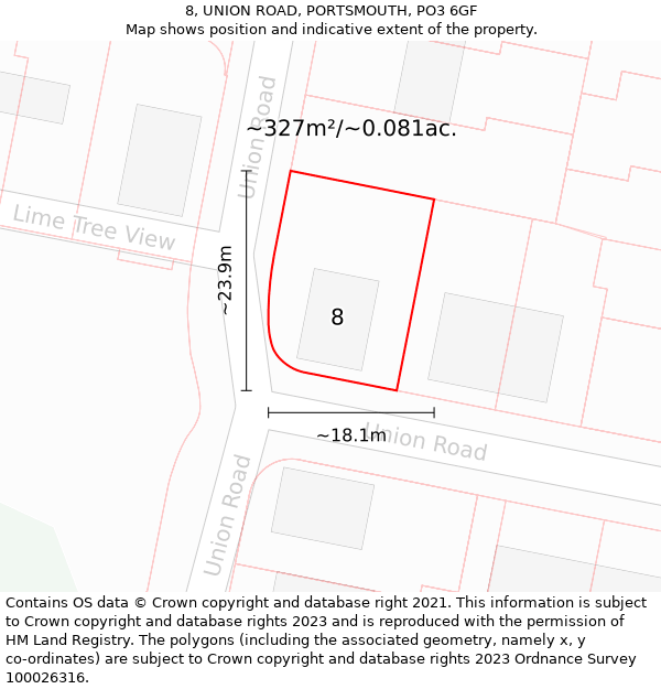 8, UNION ROAD, PORTSMOUTH, PO3 6GF: Plot and title map