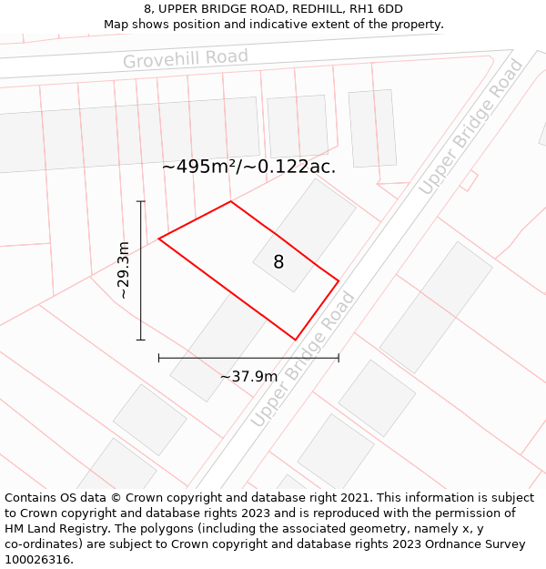 8, UPPER BRIDGE ROAD, REDHILL, RH1 6DD: Plot and title map