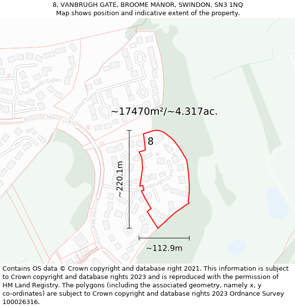 8, VANBRUGH GATE, BROOME MANOR, SWINDON, SN3 1NQ: Plot and title map