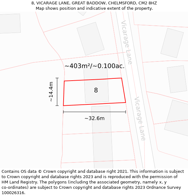 8, VICARAGE LANE, GREAT BADDOW, CHELMSFORD, CM2 8HZ: Plot and title map