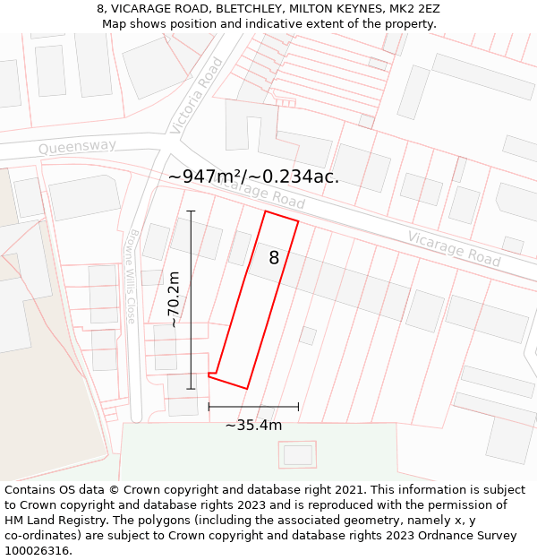 8, VICARAGE ROAD, BLETCHLEY, MILTON KEYNES, MK2 2EZ: Plot and title map