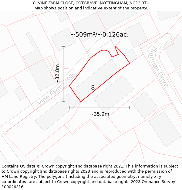 8, VINE FARM CLOSE, COTGRAVE, NOTTINGHAM, NG12 3TU: Plot and title map