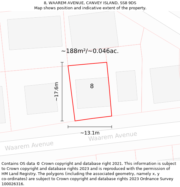 8, WAAREM AVENUE, CANVEY ISLAND, SS8 9DS: Plot and title map