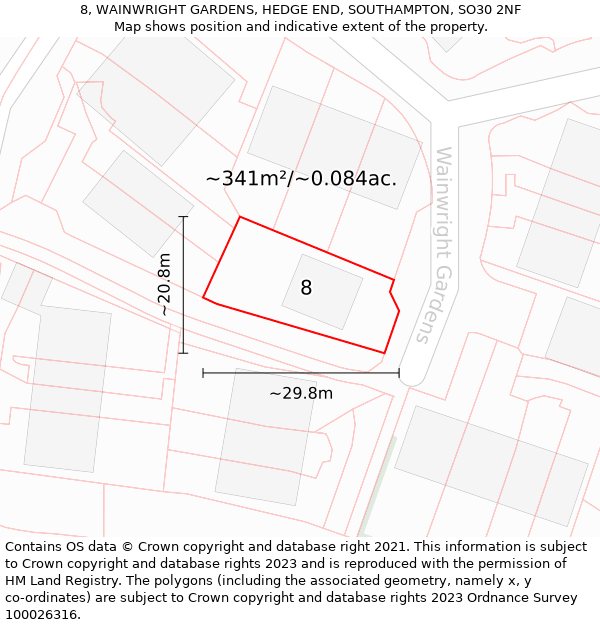 8, WAINWRIGHT GARDENS, HEDGE END, SOUTHAMPTON, SO30 2NF: Plot and title map