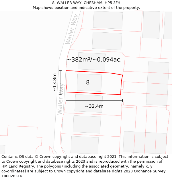 8, WALLER WAY, CHESHAM, HP5 3FH: Plot and title map