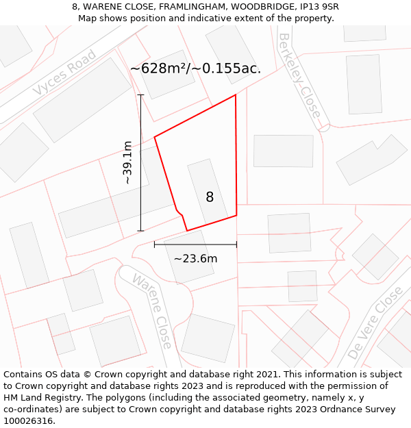 8, WARENE CLOSE, FRAMLINGHAM, WOODBRIDGE, IP13 9SR: Plot and title map