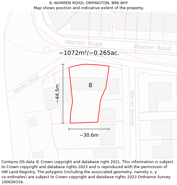 8, WARREN ROAD, ORPINGTON, BR6 6HY: Plot and title map
