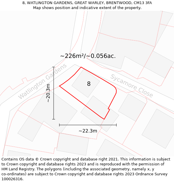 8, WATLINGTON GARDENS, GREAT WARLEY, BRENTWOOD, CM13 3FA: Plot and title map