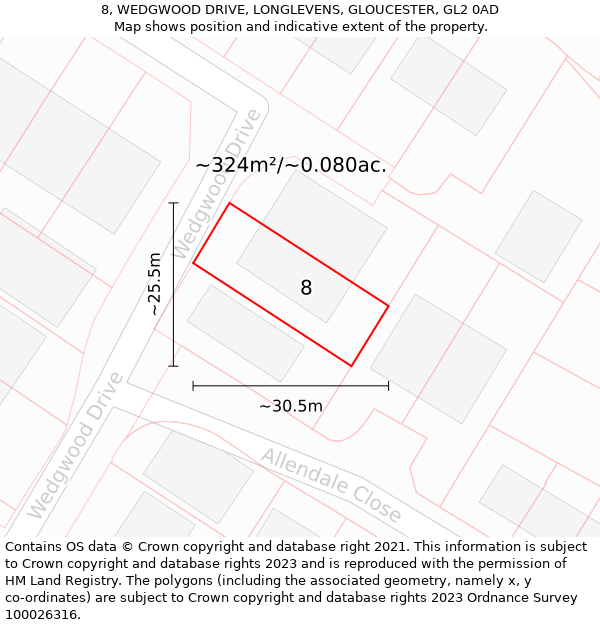 8, WEDGWOOD DRIVE, LONGLEVENS, GLOUCESTER, GL2 0AD: Plot and title map