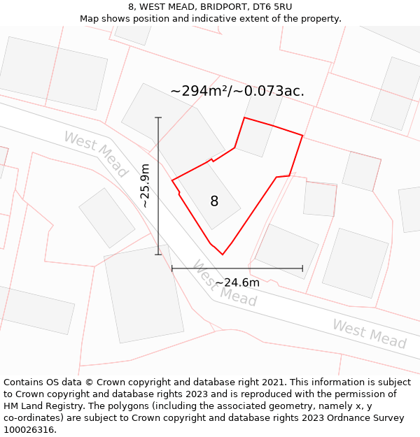 8, WEST MEAD, BRIDPORT, DT6 5RU: Plot and title map