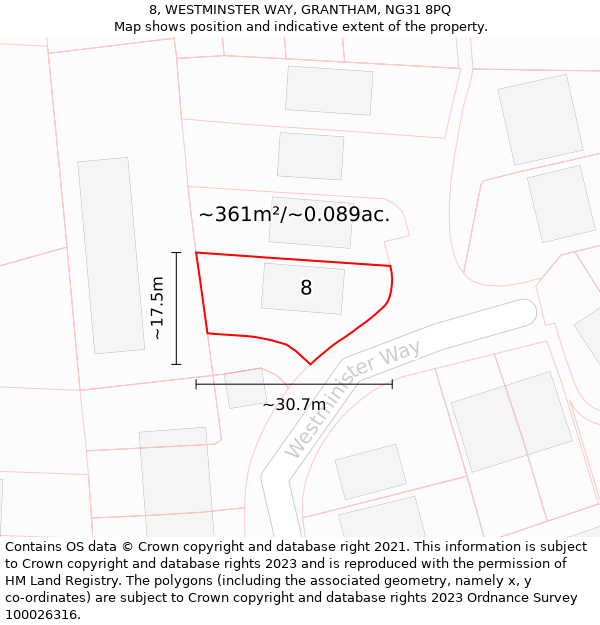 8, WESTMINSTER WAY, GRANTHAM, NG31 8PQ: Plot and title map