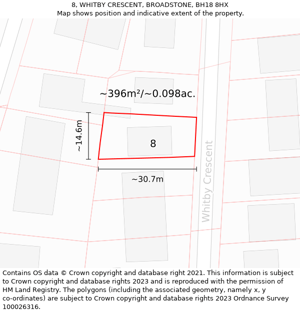 8, WHITBY CRESCENT, BROADSTONE, BH18 8HX: Plot and title map