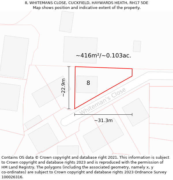 8, WHITEMANS CLOSE, CUCKFIELD, HAYWARDS HEATH, RH17 5DE: Plot and title map