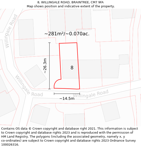 8, WILLINGALE ROAD, BRAINTREE, CM7 9FA: Plot and title map