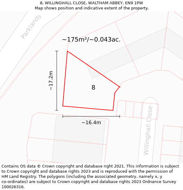 8, WILLINGHALL CLOSE, WALTHAM ABBEY, EN9 1PW: Plot and title map