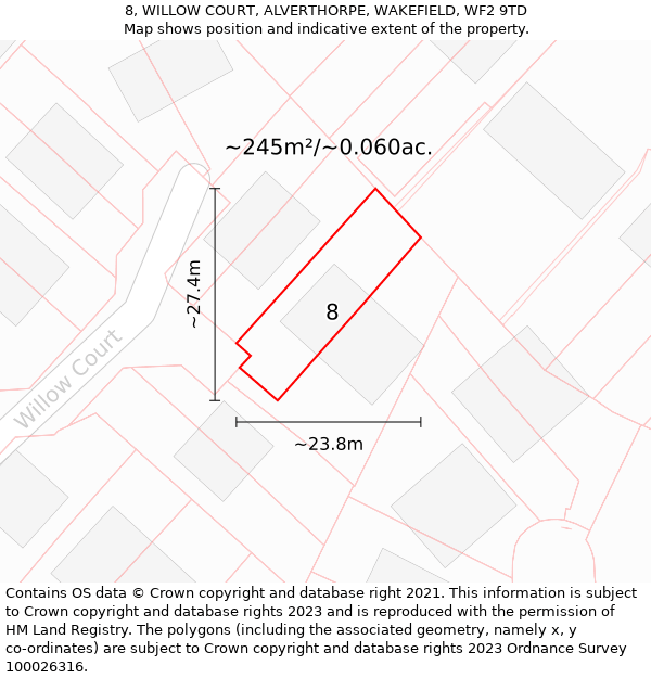 8, WILLOW COURT, ALVERTHORPE, WAKEFIELD, WF2 9TD: Plot and title map