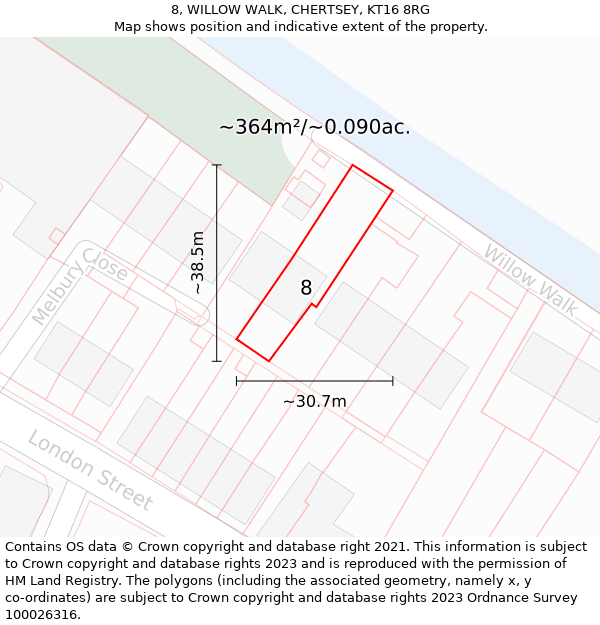 8, WILLOW WALK, CHERTSEY, KT16 8RG: Plot and title map