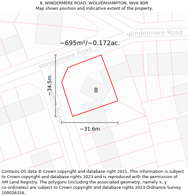 8, WINDERMERE ROAD, WOLVERHAMPTON, WV6 9DR: Plot and title map