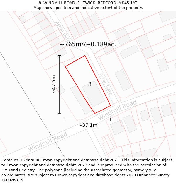 8, WINDMILL ROAD, FLITWICK, BEDFORD, MK45 1AT: Plot and title map