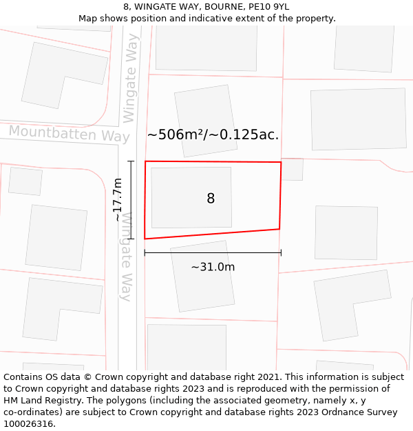 8, WINGATE WAY, BOURNE, PE10 9YL: Plot and title map