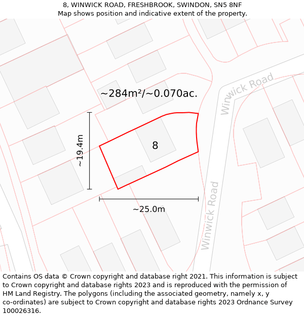 8, WINWICK ROAD, FRESHBROOK, SWINDON, SN5 8NF: Plot and title map