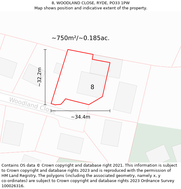 8, WOODLAND CLOSE, RYDE, PO33 1PW: Plot and title map