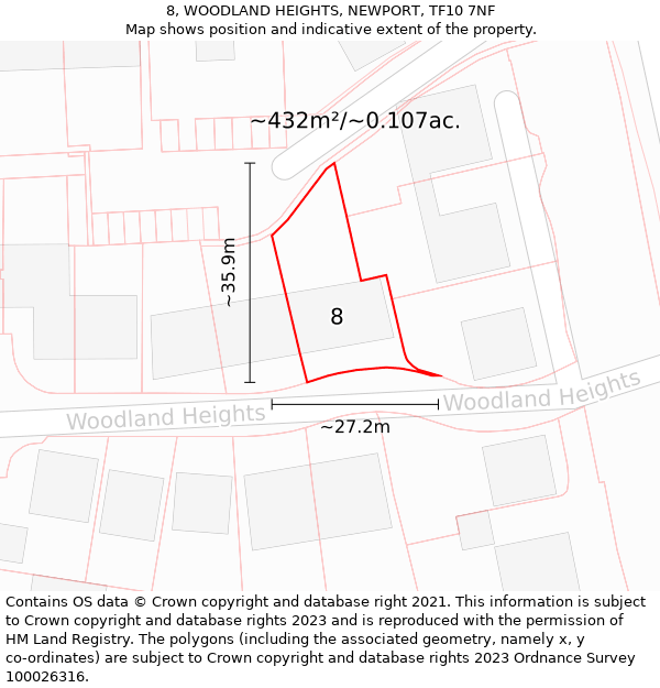 8, WOODLAND HEIGHTS, NEWPORT, TF10 7NF: Plot and title map