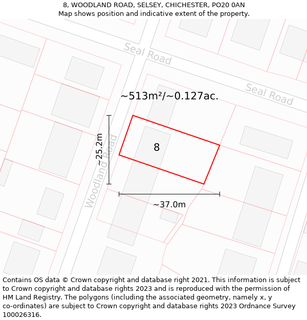 8, WOODLAND ROAD, SELSEY, CHICHESTER, PO20 0AN: Plot and title map