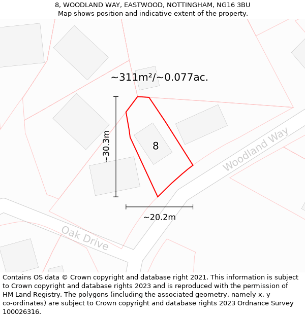 8, WOODLAND WAY, EASTWOOD, NOTTINGHAM, NG16 3BU: Plot and title map